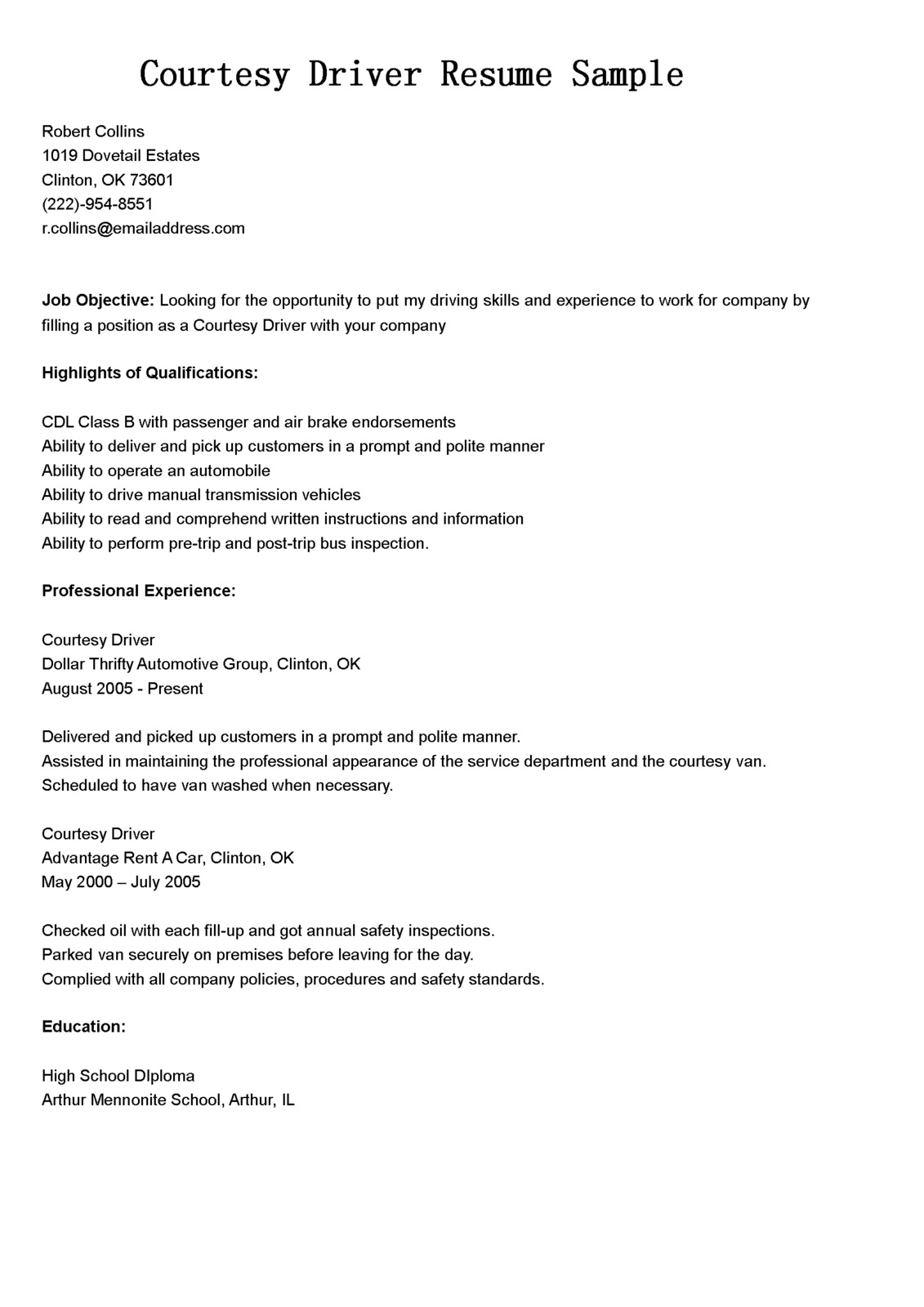 Tow truck driver sample resume